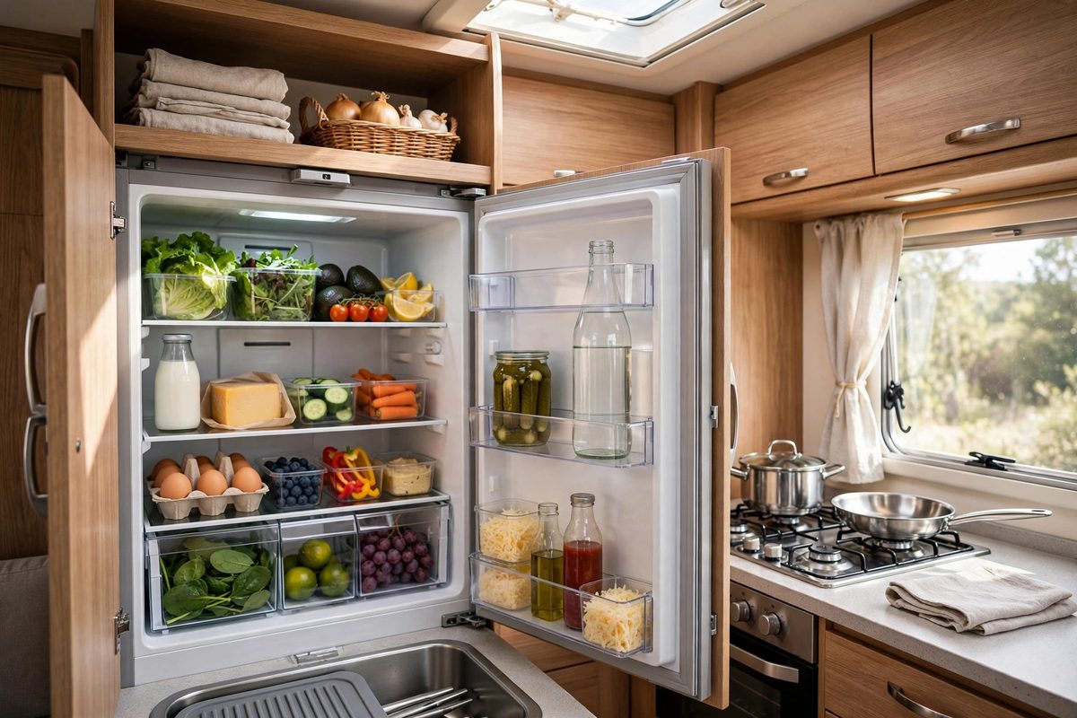 Open refrigerator stocked with food in a motorhome kitchen