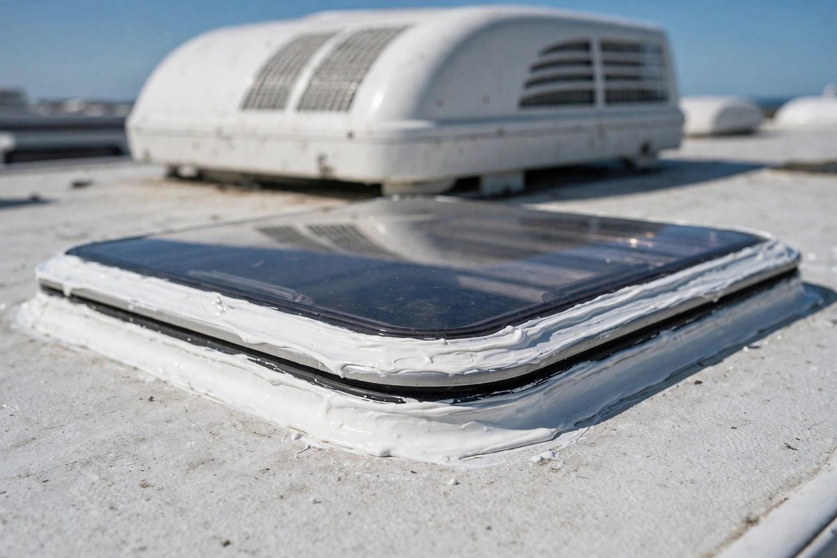 Fresh white lap sealant around a skylight on a motorhome roof, with a rooftop air conditioner behind