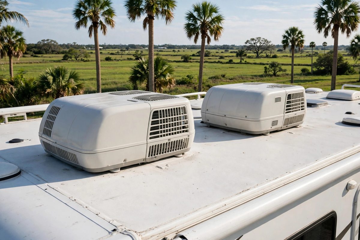 Rooftop air conditioner units on the white roof of a motorhome, palm trees behind