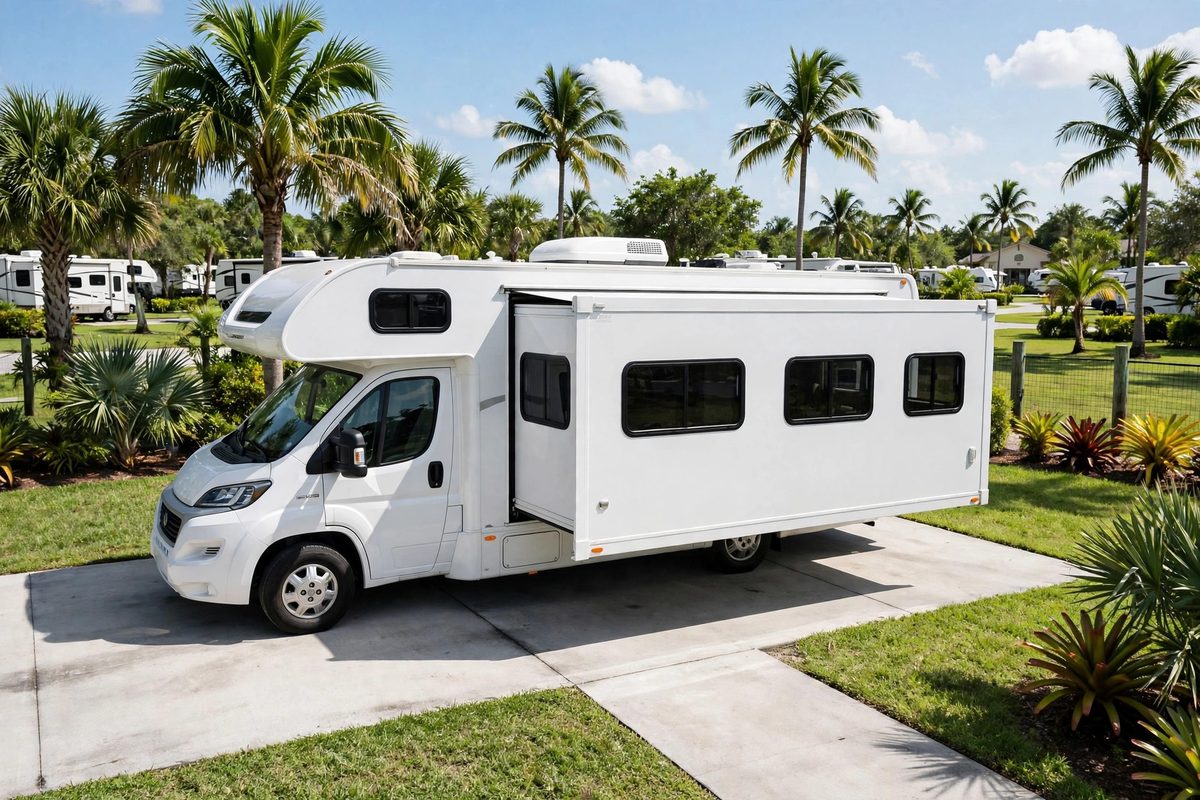 Motorhome with its slide-out room extended at a Florida RV resort with palm trees